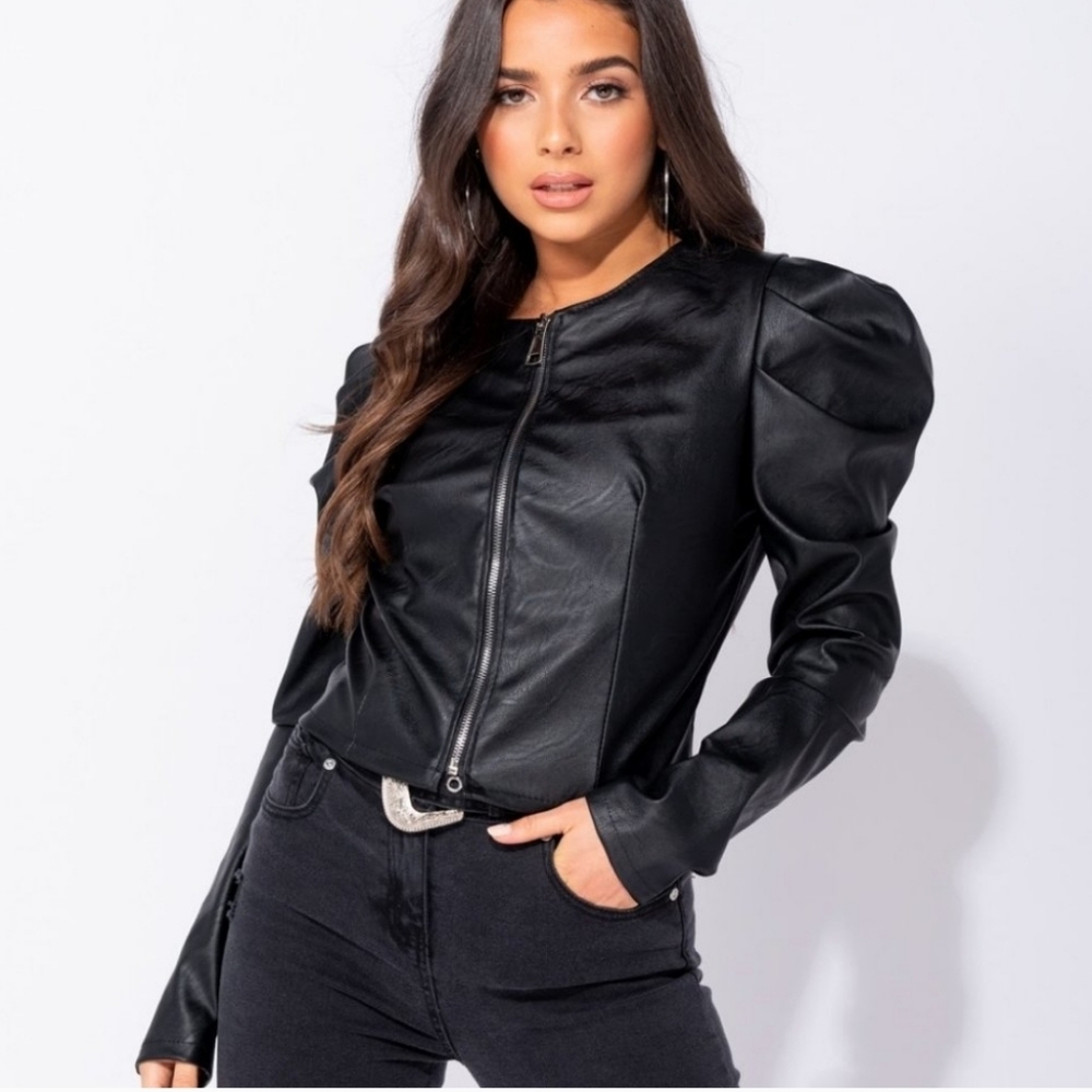 CUTE!!!! Super soft vegan leather cropped jacket with puffed sleeves.